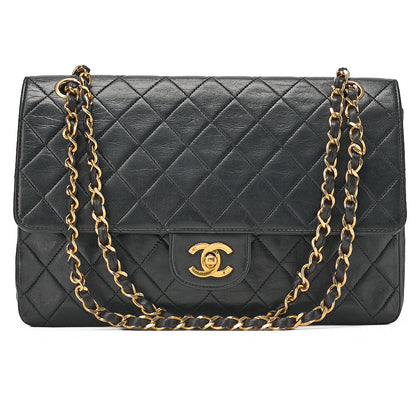 CHANEL Lambskin Matelasse W Straight Flap Chain Shoulder Black Gold-Tone Hardware, Pre-Owned