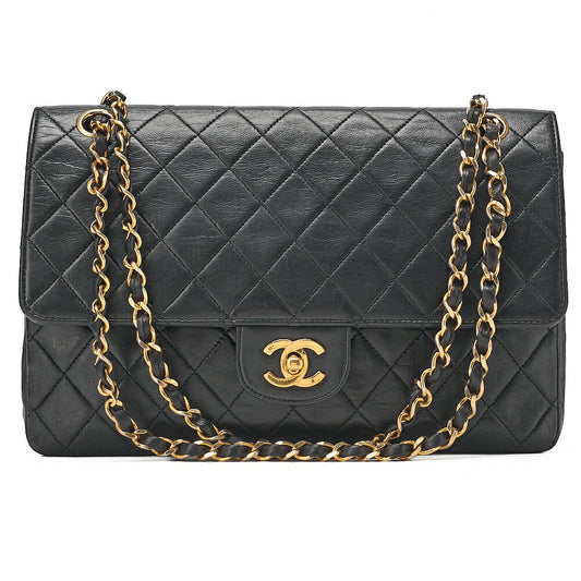 CHANEL Lambskin Matelasse W Straight Flap Chain Shoulder Black Gold-Tone Hardware, Pre-Owned