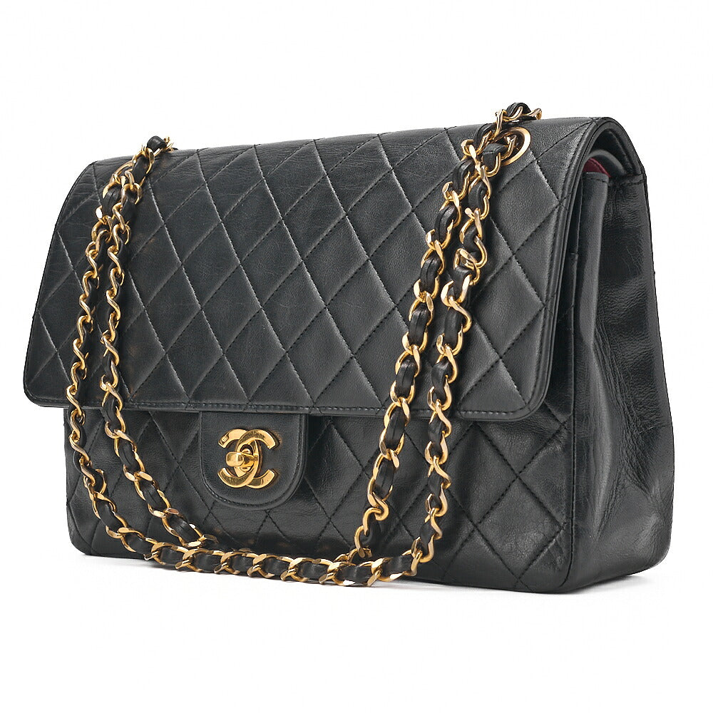 CHANEL Lambskin Matelasse W Straight Flap Chain Shoulder Black Gold-Tone Hardware, Pre-Owned