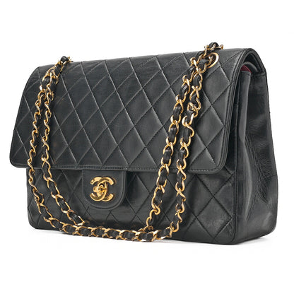 CHANEL Lambskin Matelasse W Straight Flap Chain Shoulder Black Gold-Tone Hardware, Pre-Owned