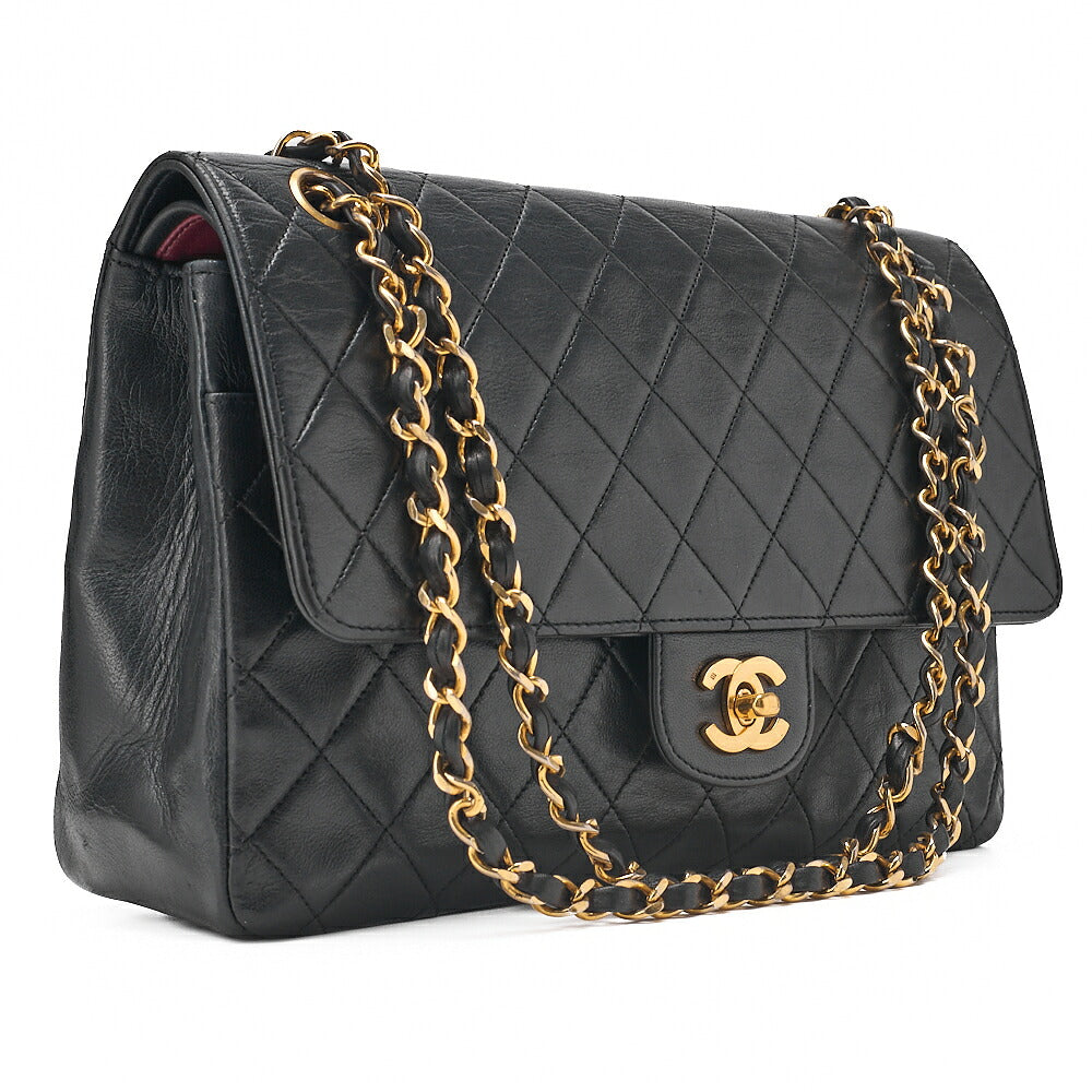 CHANEL Lambskin Matelasse W Straight Flap Chain Shoulder Black Gold-Tone Hardware, Pre-Owned
