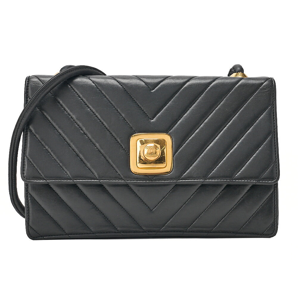 CHANEL Lambskin V-Stitch Pushlock Shoulder Bag Black Gold-Tone Hardware, Pre-Owned