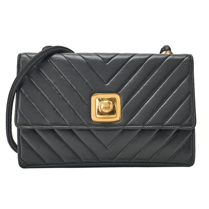 CHANEL Lambskin V-Stitch Pushlock Shoulder Bag Black Gold-Tone Hardware, Pre-Owned