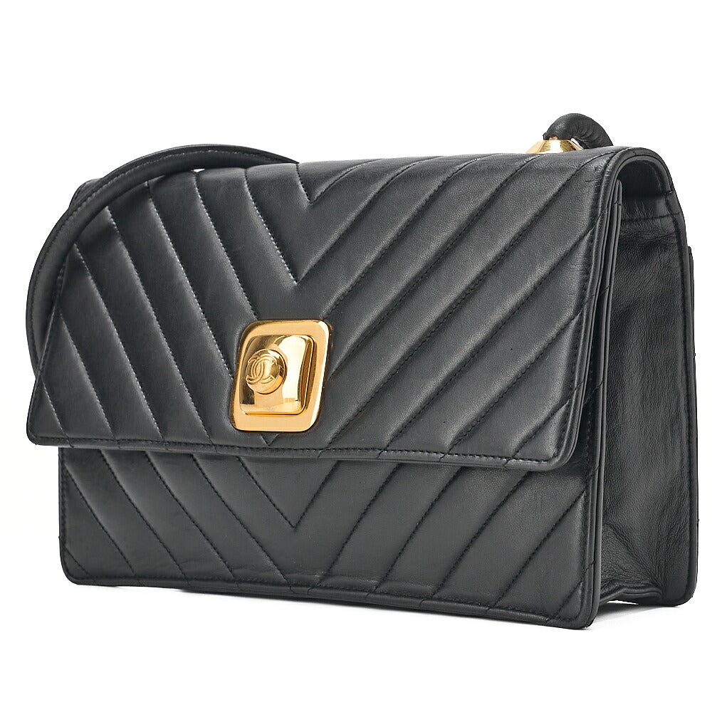 CHANEL Lambskin V-Stitch Pushlock Shoulder Bag Black Gold-Tone Hardware, Pre-Owned