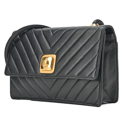 CHANEL Lambskin V-Stitch Pushlock Shoulder Bag Black Gold-Tone Hardware, Pre-Owned