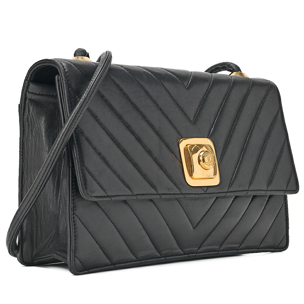 CHANEL Lambskin V-Stitch Pushlock Shoulder Bag Black Gold-Tone Hardware, Pre-Owned