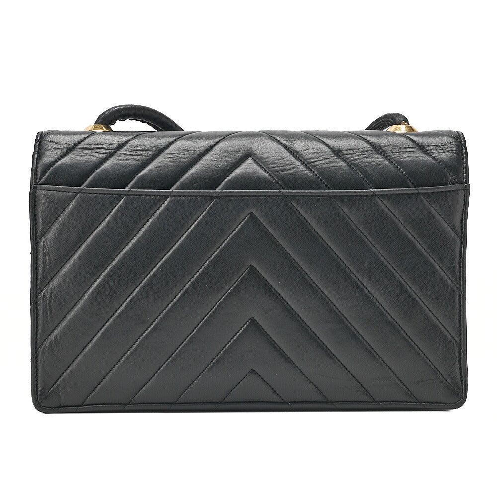 CHANEL Lambskin V-Stitch Pushlock Shoulder Bag Black Gold-Tone Hardware, Pre-Owned