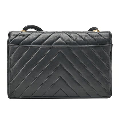 CHANEL Lambskin V-Stitch Pushlock Shoulder Bag Black Gold-Tone Hardware, Pre-Owned