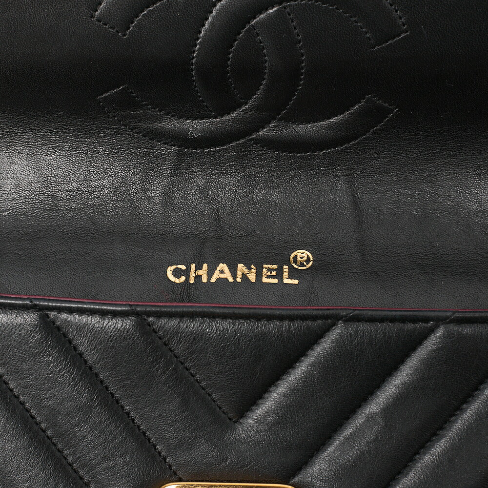 CHANEL Lambskin V-Stitch Pushlock Shoulder Bag Black Gold-Tone Hardware, Pre-Owned
