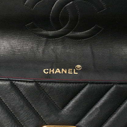CHANEL Lambskin V-Stitch Pushlock Shoulder Bag Black Gold-Tone Hardware, Pre-Owned