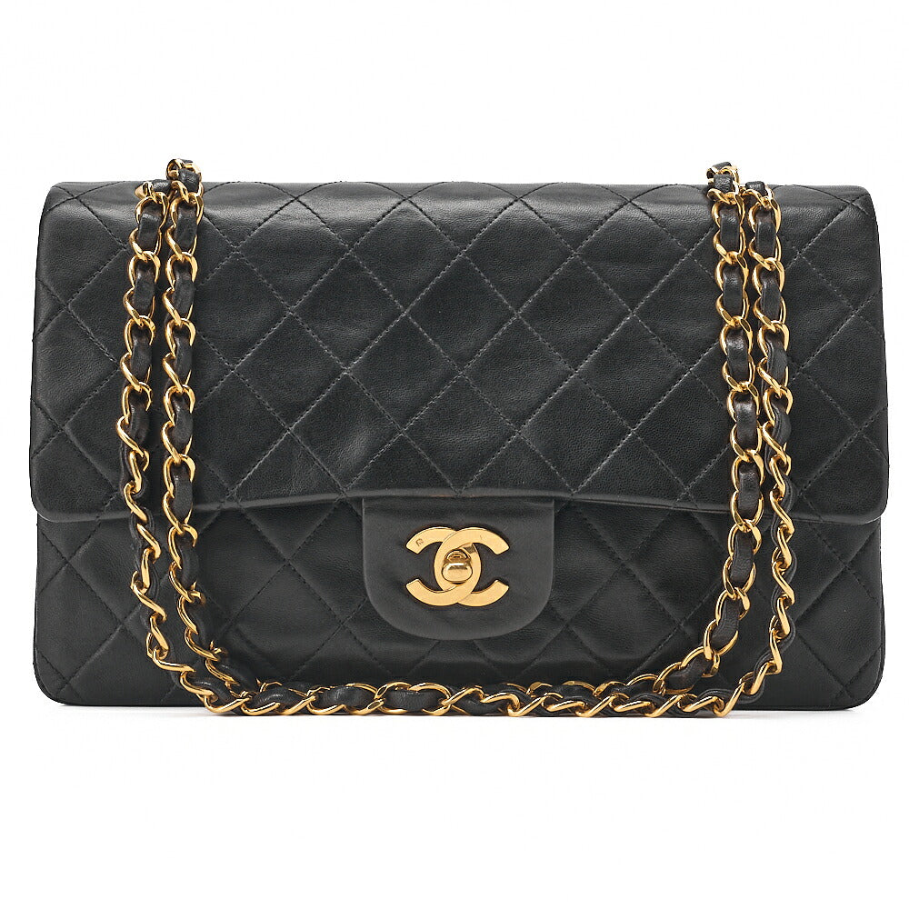 CHANEL Lambskin Matelasse Double Flap 25cm Chain Shoulder Black Gold-Tone Hardware, Pre-Owned