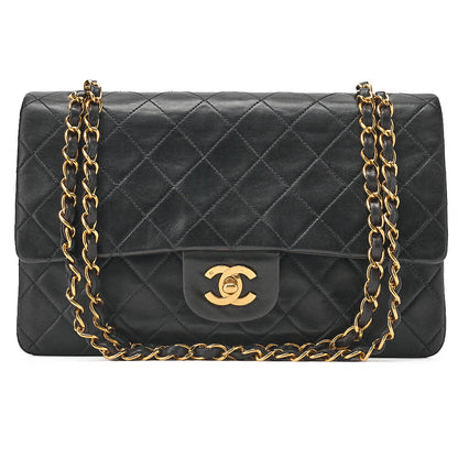 CHANEL Lambskin Matelasse Double Flap 25cm Chain Shoulder Black Gold-Tone Hardware, Pre-Owned