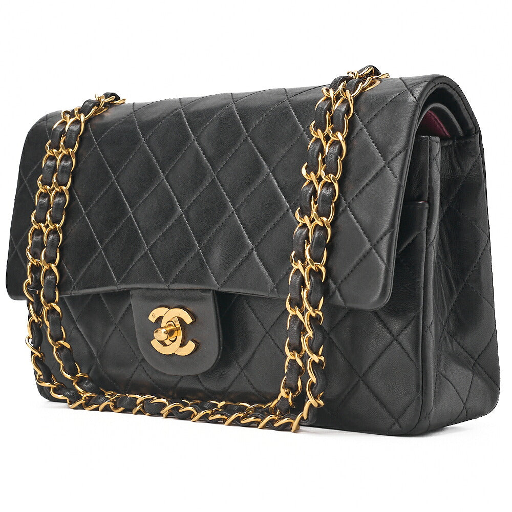 CHANEL Lambskin Matelasse Double Flap 25cm Chain Shoulder Black Gold-Tone Hardware, Pre-Owned