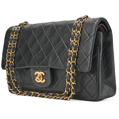 CHANEL Lambskin Matelasse Double Flap 25cm Chain Shoulder Black Gold-Tone Hardware, Pre-Owned