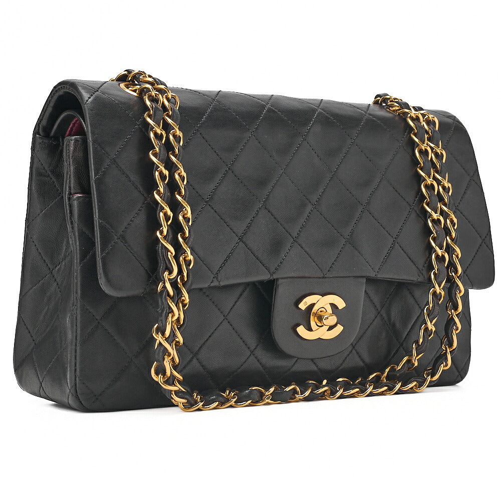 CHANEL Lambskin Matelasse Double Flap 25cm Chain Shoulder Black Gold-Tone Hardware, Pre-Owned