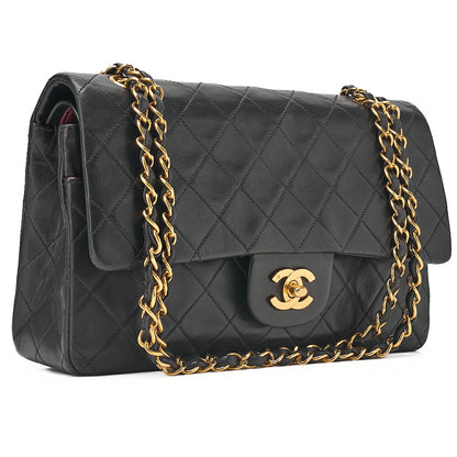 CHANEL Lambskin Matelasse Double Flap 25cm Chain Shoulder Black Gold-Tone Hardware, Pre-Owned