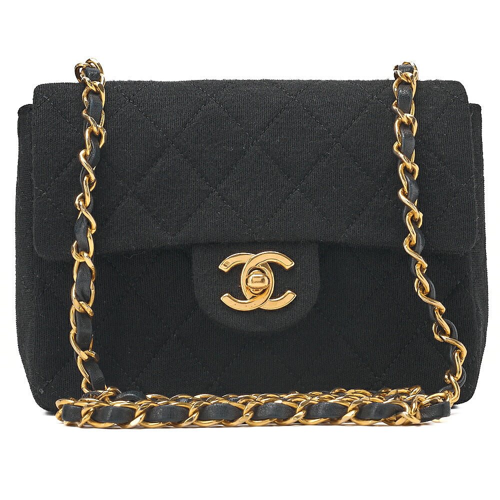 CHANEL Mini Matelasse Single Plap Chain Shoulder Bag Cottonｘ Lambskin Black Gold-Tone Hardware, Pre-Owned