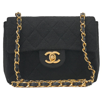 CHANEL Mini Matelasse Single Plap Chain Shoulder Bag Cottonｘ Lambskin Black Gold-Tone Hardware, Pre-Owned