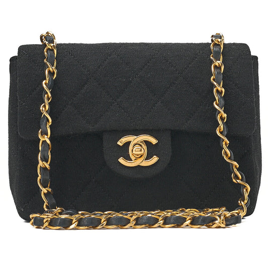 CHANEL Mini Matelasse Single Plap Chain Shoulder Bag Cottonｘ Lambskin Black Gold-Tone Hardware, Pre-Owned