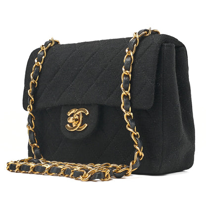 CHANEL Mini Matelasse Single Plap Chain Shoulder Bag Cottonｘ Lambskin Black Gold-Tone Hardware, Pre-Owned