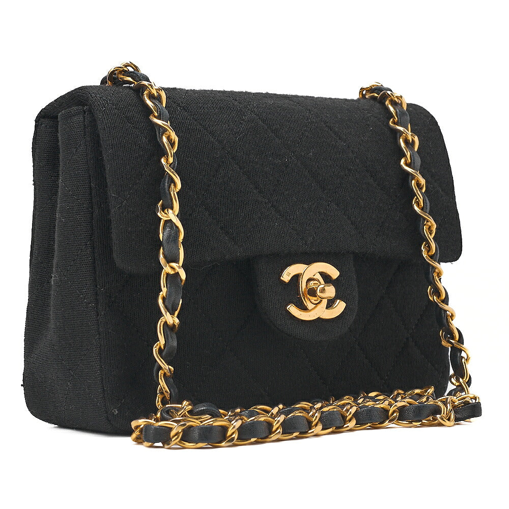 CHANEL Mini Matelasse Single Plap Chain Shoulder Bag Cottonｘ Lambskin Black Gold-Tone Hardware, Pre-Owned