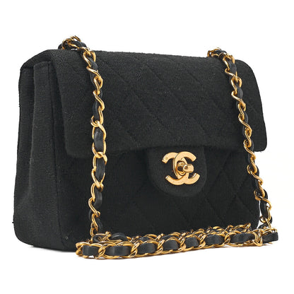 CHANEL Mini Matelasse Single Plap Chain Shoulder Bag Cottonｘ Lambskin Black Gold-Tone Hardware, Pre-Owned