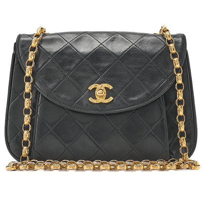 CHANEL Matelasse Round Flap Half Moon Chain Shoulder Bag Lambskin Black Gold-Tone Hardware, Pre-Owned