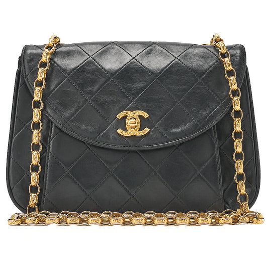 CHANEL Matelasse Round Flap Half Moon Chain Shoulder Bag Lambskin Black Gold-Tone Hardware, Pre-Owned