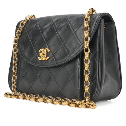 CHANEL Matelasse Round Flap Half Moon Chain Shoulder Bag Lambskin Black Gold-Tone Hardware, Pre-Owned