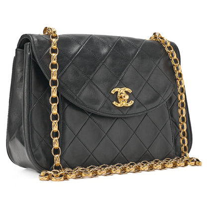 CHANEL Matelasse Round Flap Half Moon Chain Shoulder Bag Lambskin Black Gold-Tone Hardware, Pre-Owned