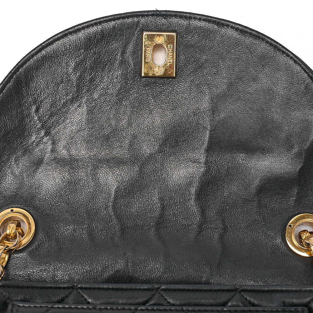 CHANEL Matelasse Round Flap Half Moon Chain Shoulder Bag Lambskin Black Gold-Tone Hardware, Pre-Owned