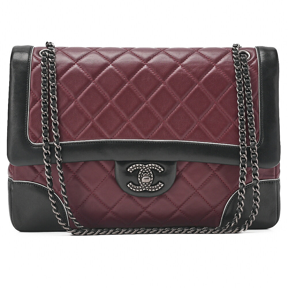 CHANEL Lambskin Matelasse Single Flap Turn Lock Chain Shoulder Bag Bicolor Bordeaux x Black Silver-Tone Hardware, Pre-Owned