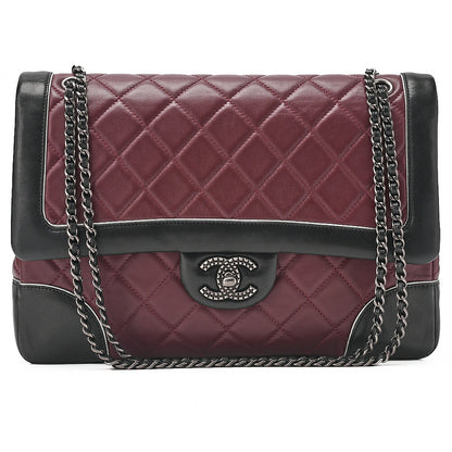 CHANEL Lambskin Matelasse Single Flap Turn Lock Chain Shoulder Bag Bicolor Bordeaux x Black Silver-Tone Hardware, Pre-Owned