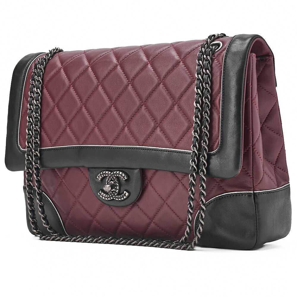 CHANEL Lambskin Matelasse Single Flap Turn Lock Chain Shoulder Bag Bicolor Bordeaux x Black Silver-Tone Hardware, Pre-Owned