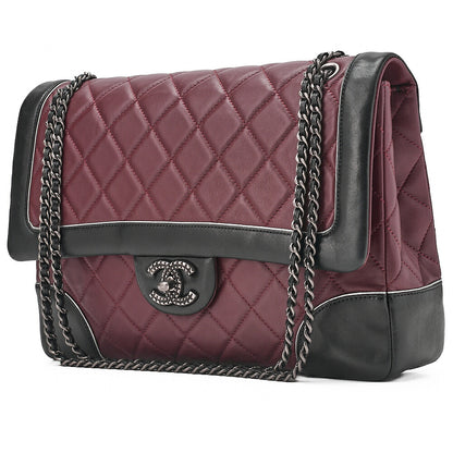 CHANEL Lambskin Matelasse Single Flap Turn Lock Chain Shoulder Bag Bicolor Bordeaux x Black Silver-Tone Hardware, Pre-Owned