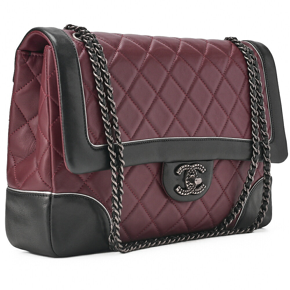 CHANEL Lambskin Matelasse Single Flap Turn Lock Chain Shoulder Bag Bicolor Bordeaux x Black Silver-Tone Hardware, Pre-Owned