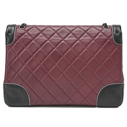 CHANEL Lambskin Matelasse Single Flap Turn Lock Chain Shoulder Bag Bicolor Bordeaux x Black Silver-Tone Hardware, Pre-Owned
