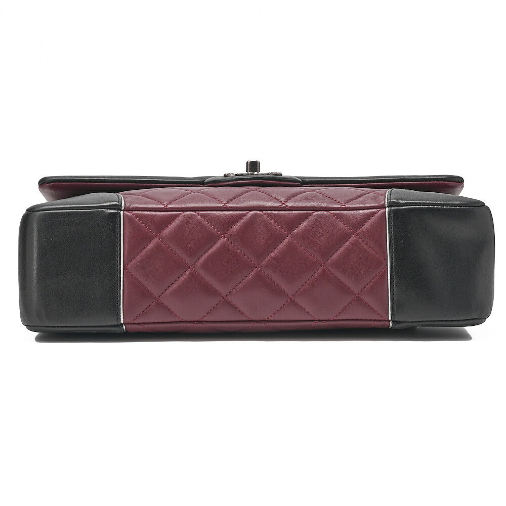 CHANEL Lambskin Matelasse Single Flap Turn Lock Chain Shoulder Bag Bicolor Bordeaux x Black Silver-Tone Hardware, Pre-Owned