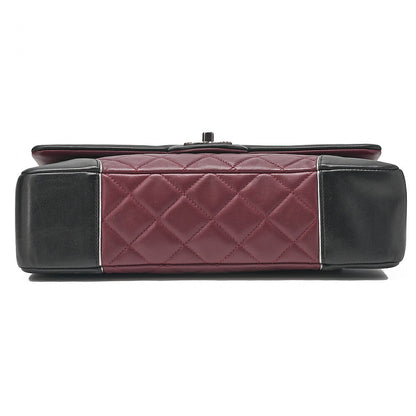 CHANEL Lambskin Matelasse Single Flap Turn Lock Chain Shoulder Bag Bicolor Bordeaux x Black Silver-Tone Hardware, Pre-Owned