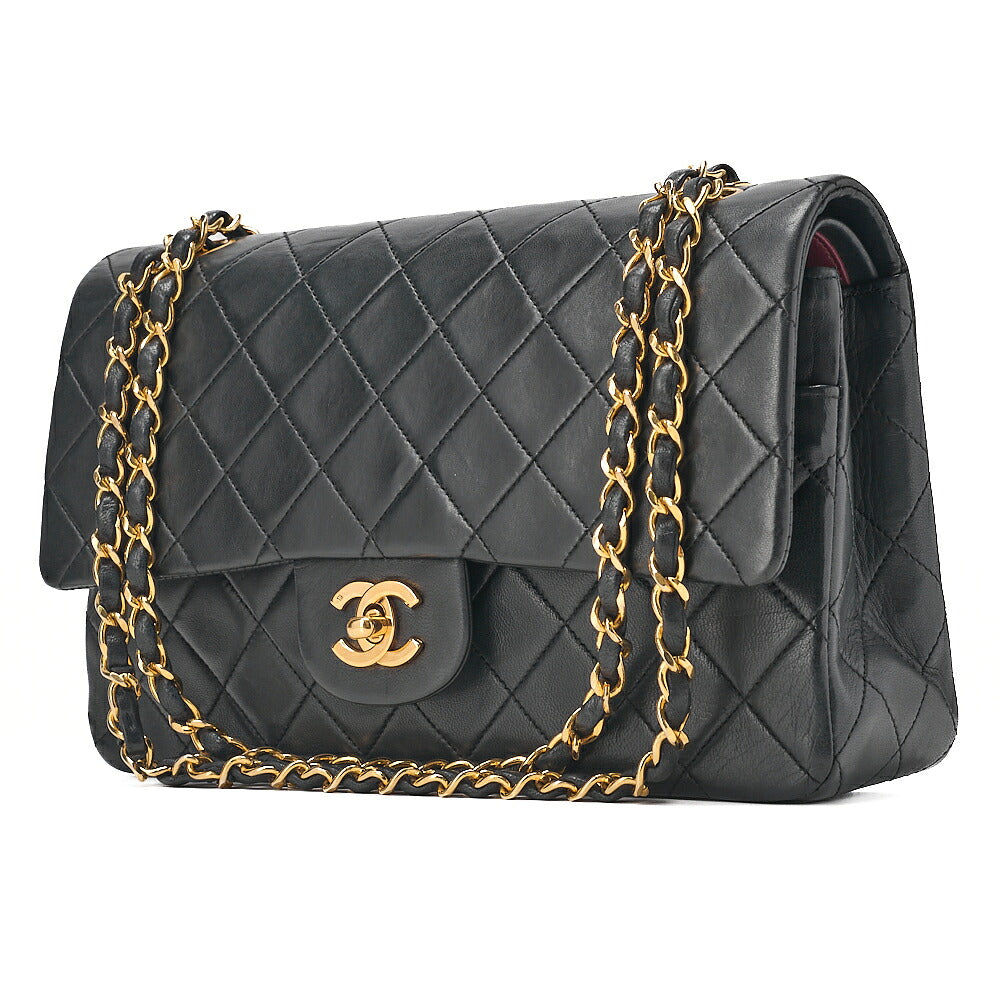CHANEL Chain Shoulder Bag Matelasse Double Flap 25cm Lambskin Black Gold-Tone Hardware, Pre-Owned