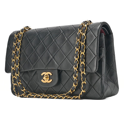 CHANEL Chain Shoulder Bag Matelasse Double Flap 25cm Lambskin Black Gold-Tone Hardware, Pre-Owned