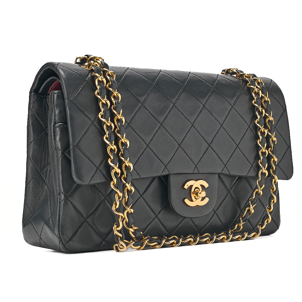 CHANEL Chain Shoulder Bag Matelasse Double Flap 25cm Lambskin Black Gold-Tone Hardware, Pre-Owned