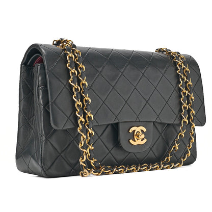 CHANEL Chain Shoulder Bag Matelasse Double Flap 25cm Lambskin Black Gold-Tone Hardware, Pre-Owned