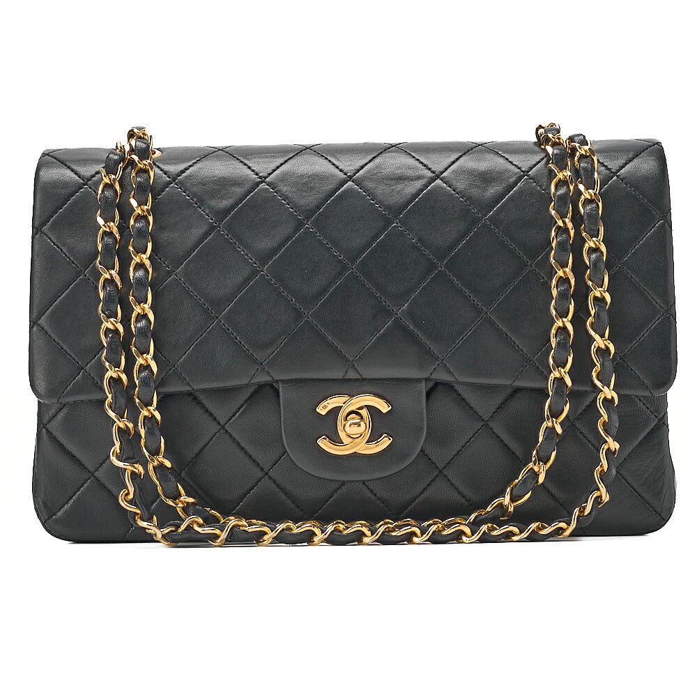 CHANEL Chain Shoulder Bag Matelasse Double Flap 25cm Lambskin Black Gold-Tone Hardware, Pre-Owned