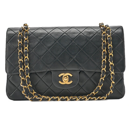 CHANEL Chain Shoulder Bag Matelasse Double Flap 25cm Lambskin Black Gold-Tone Hardware, Pre-Owned