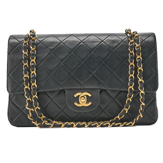 CHANEL Chain Shoulder Bag Matelasse Double Flap 25cm Lambskin Black Gold-Tone Hardware, Pre-Owned