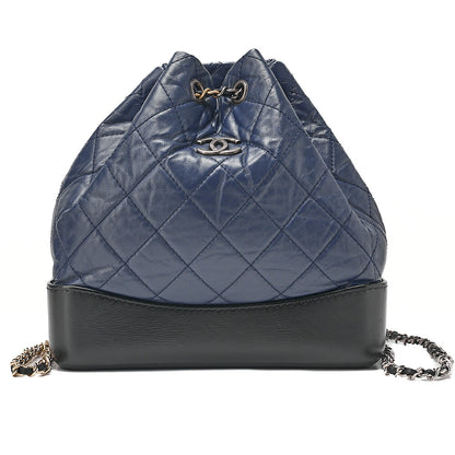 CHANEL Vintage Calf Gabrielle de Chanel Drawstring Chain Backpack Navy x Black Gold x Silver-Tone Hardware, Pre-Owned