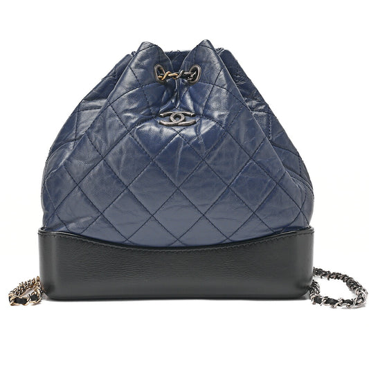 CHANEL Vintage Calf Gabrielle de Chanel Drawstring Chain Backpack Navy x Black Gold x Silver-Tone Hardware, Pre-Owned