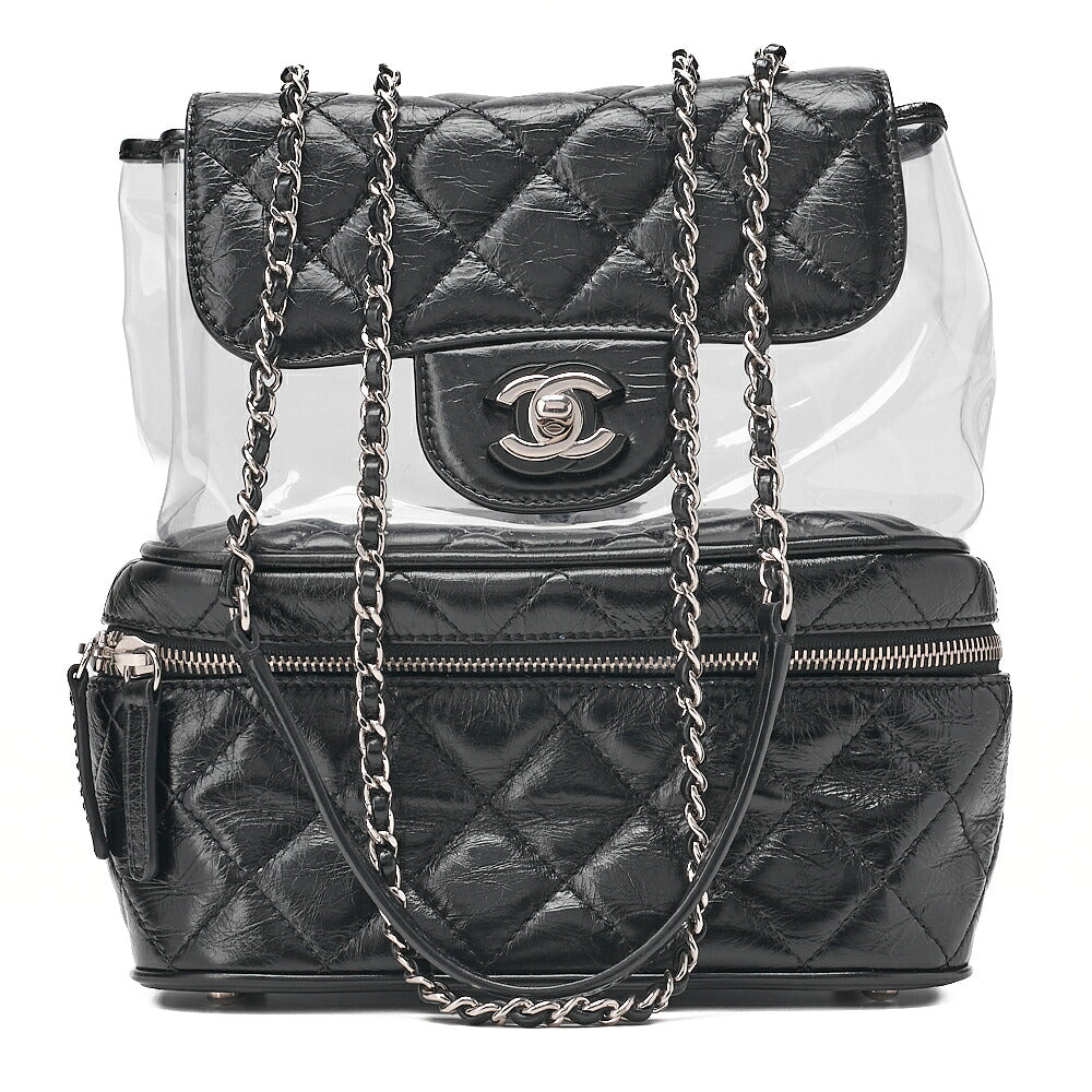 CHANEL Vintage Calf x Vinyl Matelasse Turn Lock Backpack-Type Chain Shoulder Black Silver-Tone Hardware, Pre-Owned