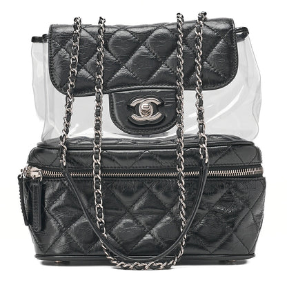 CHANEL Vintage Calf x Vinyl Matelasse Turn Lock Backpack-Type Chain Shoulder Black Silver-Tone Hardware, Pre-Owned